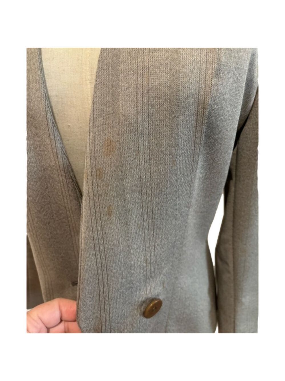 GIORGIO ARMANI VTG BLAZER GRAY & TAUPE PINSTRIPE WOOL BLEND 1 BUTTON HOURGLASS - Picture 8 of 11